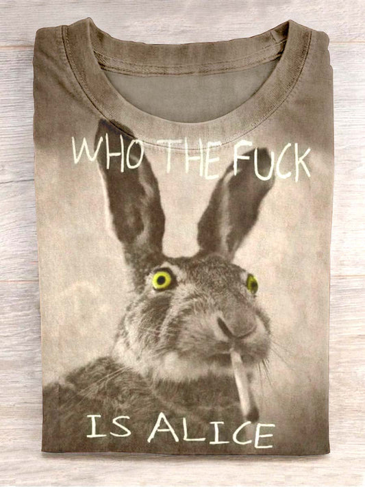 Unisex Smoking Bunny Print Casual Short Sleeve T-Shirt
