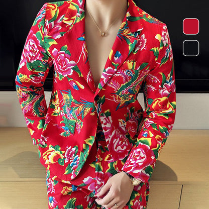 Men's Distinctive Peony Printed Blazer with Colorful Accents